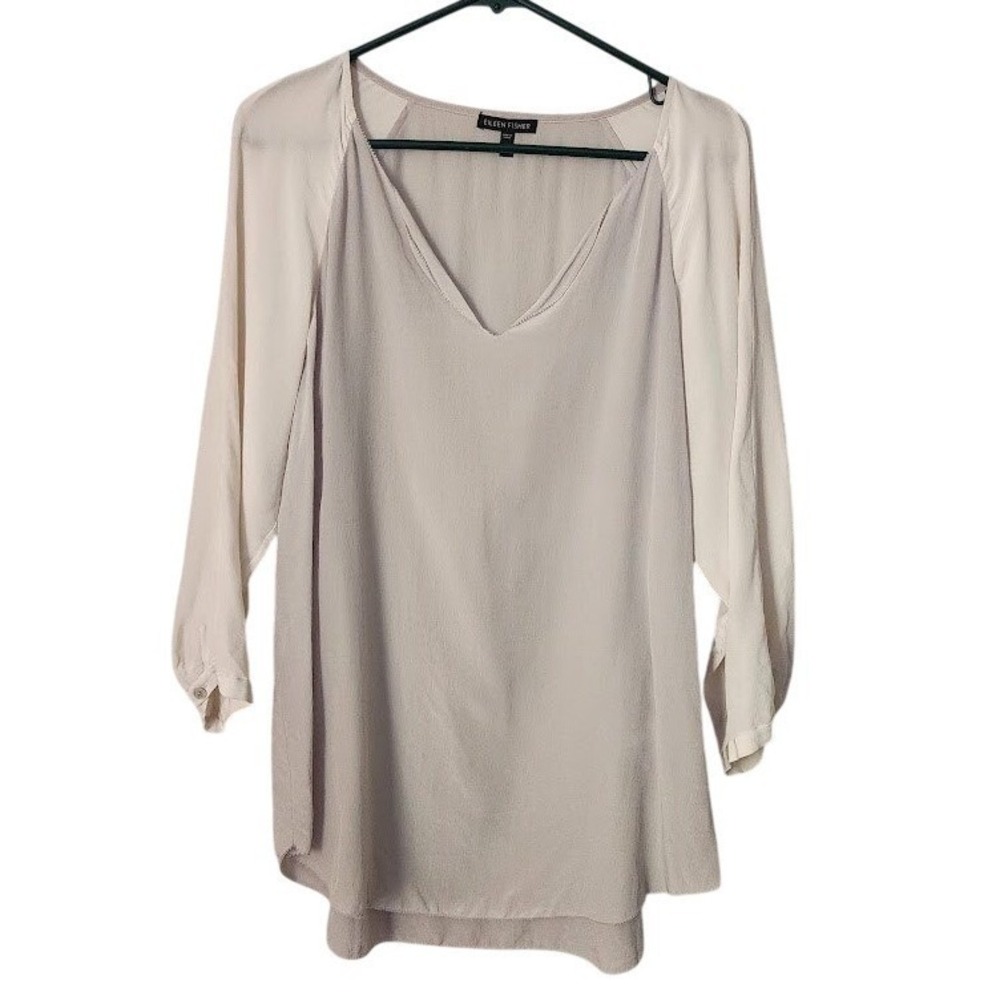 EILEEN FISHER 100% Silk V-Neck scalloped Blouse luxe cream grey Minimalist S